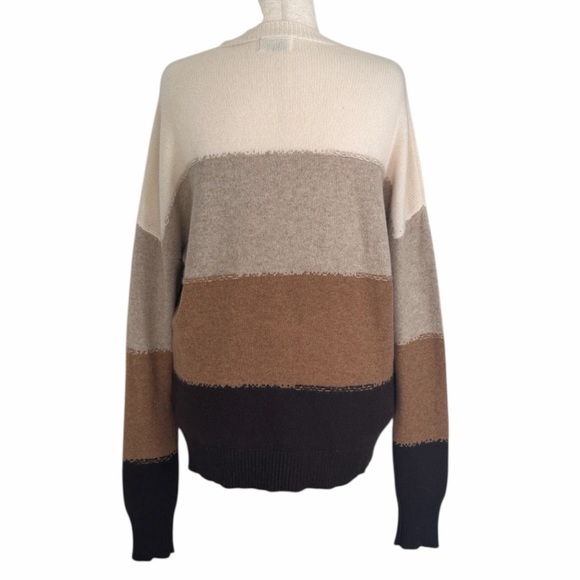27 Miles Malibu Women’s 100% Cashmere Colorblock Sweater Neutral Brown Cream M - Picture 4 of 11